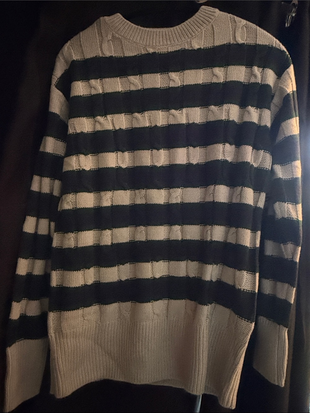 Sonoma Green and Blue Striped Gray Cable-Knit Crewneck Sweater